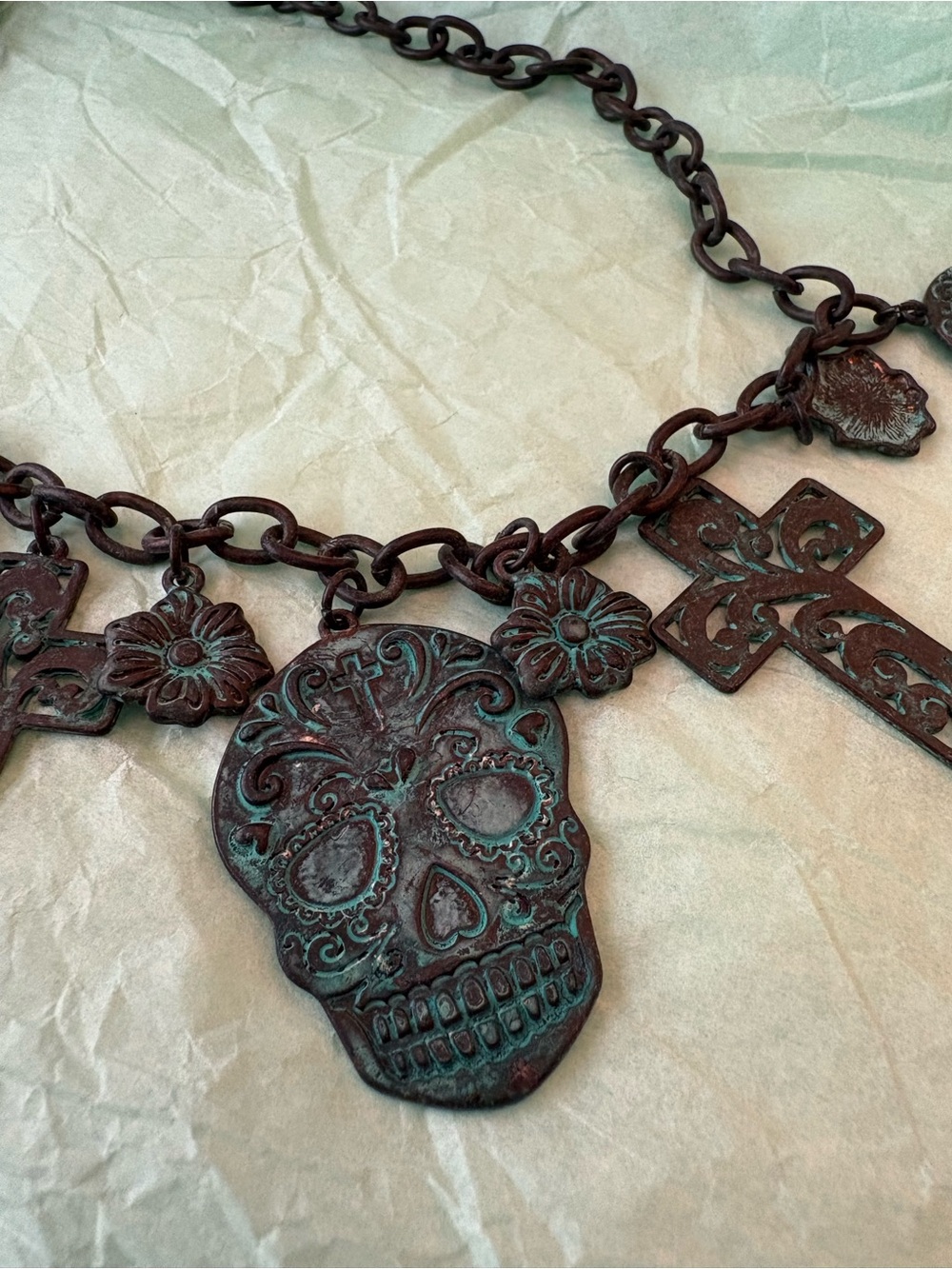 Patina Skull & Cross Charm Necklace - Decorative Teal Accent - Picture 3 of 5